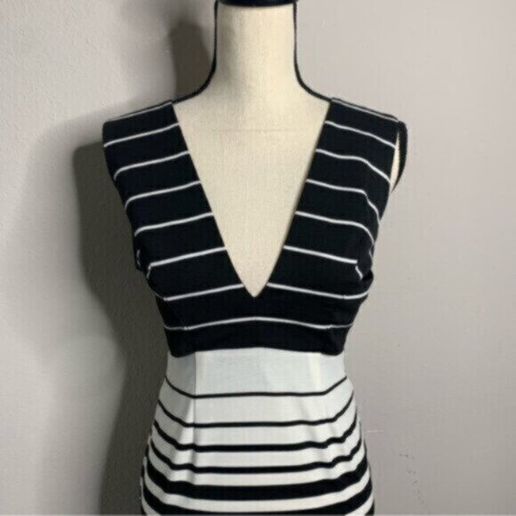 Nicholas Women’s Black & White Striped Midi Plunging V-Neck and Open Back Dress - Picture 8 of 15